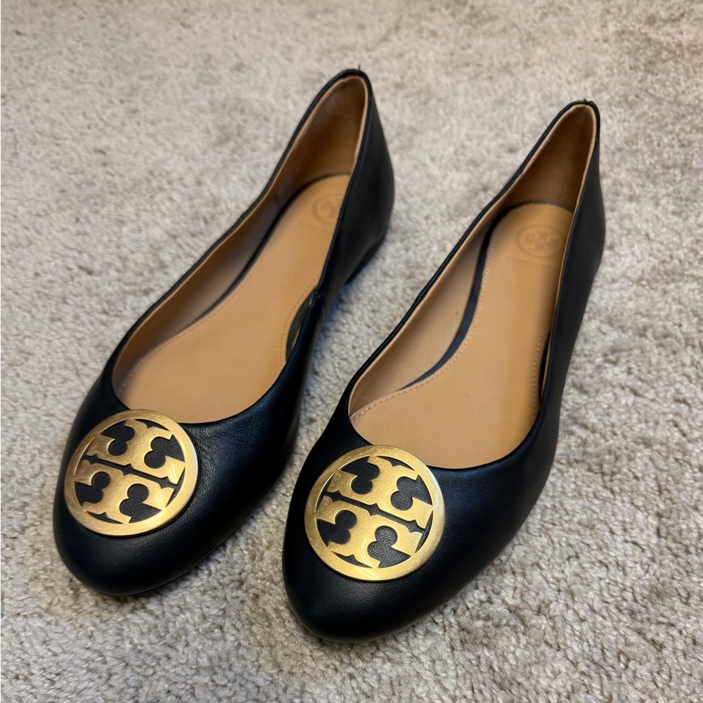 Tory Burch Black Leather Logo Medallion Flats